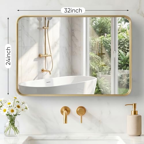 Image of NEWBULIG 24 inchx40 inch Wall Mirror, Bathroom Mirrors for Over Sink, Glod | Matte Metal Framed Vanity Mirror with Tempered Glass, Entryway, Living Room, Bedroom