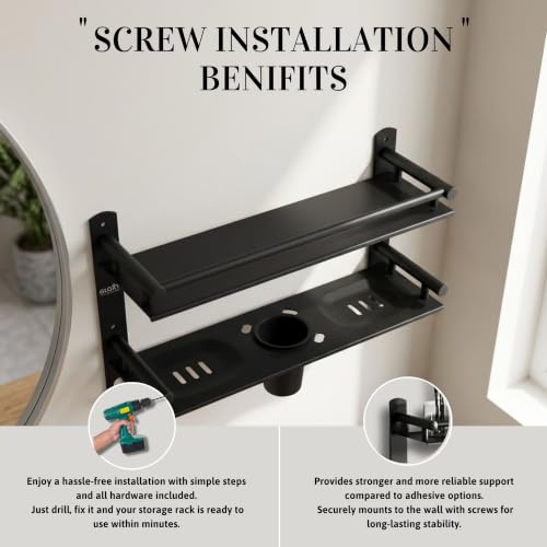 Image of GLOXY Premium Combo Pack of 2 Black Matte Finish Bathroom Shelf Rack - Wall Mount 4-in-1 Multipurpose Double Soap Stand with Toothpaste Holder and Hooks - Bathroom Fittings Accessories Set