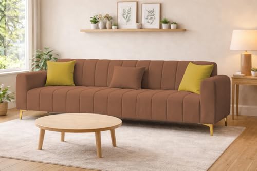Image of Casaliving Velour Modern Velvet Sofa, Tufted Design Upholstered 3 Seater Sofa Set for Living Room, (Brown Colour) Premium Velvet Fabric Sofa