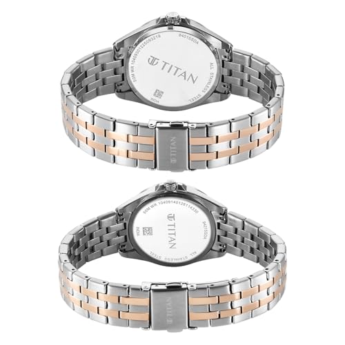 Image of Titan Modern Bandhan Pair Analog with White Dial Dual Tone Rose Gold Stainless Steel Strap Watch for Couples - 9401594215KM01