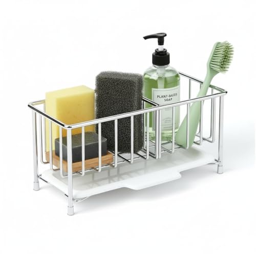 MAXCOOK Kitchen Sink Sponge Holder, 304 Stainless Steel Soap Dispenser Caddy Organize, Kitchen Sink Brush Caddy Holder with Removable Drain Tray