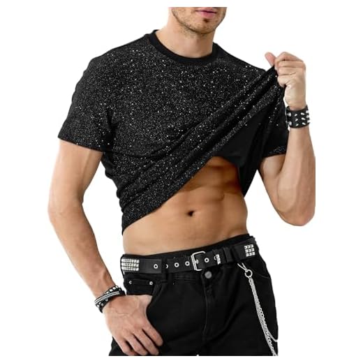 Casey Kevin Herren Glitzer T-Shirt Pailletten Hemd Shirt Metallic Shirt Oberteil Tops Für Männer Goldenes Silber Tee Mit Rundhals-Ausschnitt Clubwear Men