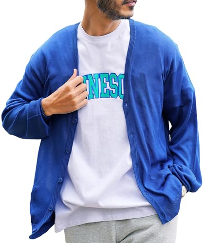 [JIGGYS SHOP] ジギーズショップ サマーニットカーデ L ロイヤルブルー｜メンズ 透けカーデ カーディガン 夏 夏専用 薄手 uv対策 冷房対策 無地 長袖 夏服 秋服 アクリル 軽い 涼しい コンパクト トップス カーデの商品画像（Amazon）