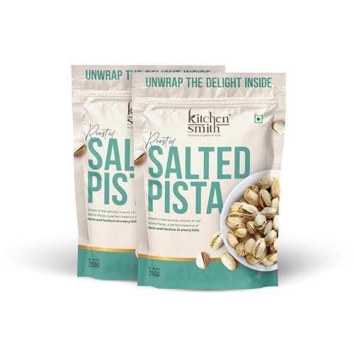 Image of KitchenSmith Salted Roasted Pista - Pack of 2 (250gm Each) | California Pistachios, Pista Dry Fruit, Tasty & Healthy Inshell Pistas| High In Protein | Gluten Free (With Shell, Air Tight Pouch)