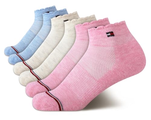 Tommy Hilfiger Girls Athletic Socks - 6 Pack Performance Cushion Quarter Cut Socks - Breathable Ankle Socks for Girls (S-L), Size Medium, Pink Heather Assorted