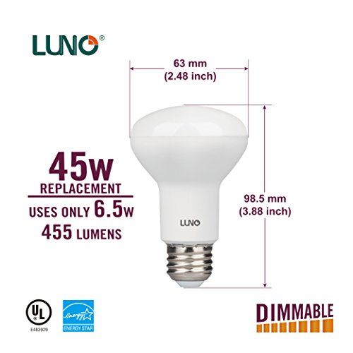 LUNO R20 Dimmable LED Bulb, 6.5W (45W Equivalent), 455 Lumens, 2700K (Soft White), Medium Base (E26), UL & Energy Star (6-Pack)