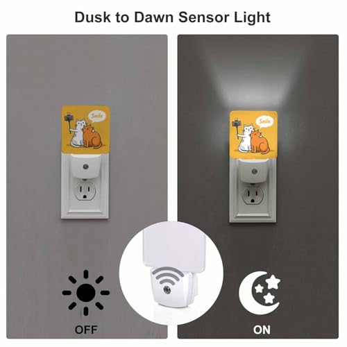Image of LED Night Light,Two Cats Making Photo Use Selfie Stick LED Night Light Plug into Wall with Dusk to Dawn Light Sensor White Energy Efficient Nightlight for Bedroom Bathroom Hallway Living Room Kitchen