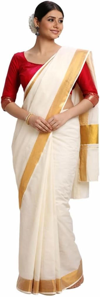Kolakeer Womens Kerala Cotton Kasavu Saree - 6.25 Mtrs Onam Saree With Running Blouse