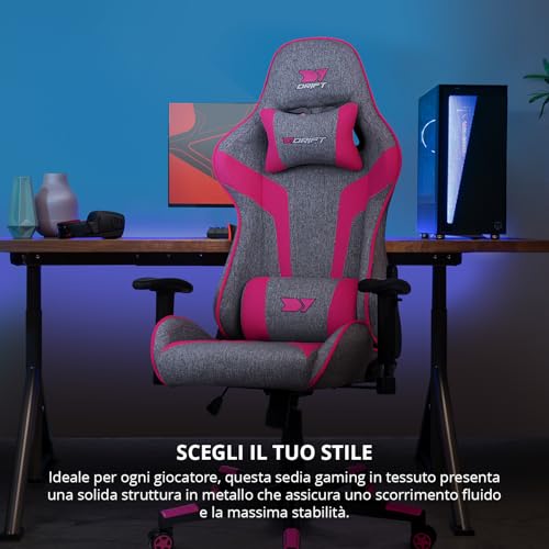 DR90 – Sedia gaming ergonomica con poggiatesta e supporto lombare, schienale reclinabile a 135°, braccioli 2D regolabili, tessuto traspirante, base in nylon e pistone a gas, Grigio-Rosa - Sedia gaming - Immagine 5