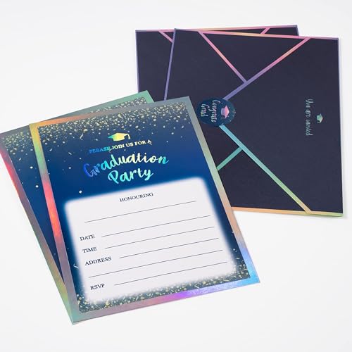 Cheerland 12 Invitation Set Holographic Blue Graduation Invitation Envelopes Stickers Card Royal Blue Grad Invites with Gold Confetti Congrats GRAD Celebration Party Supplies - Thumbnail 3