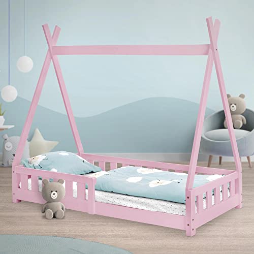 ML-Design Cama Infantil Tipi 80x160 cm con Protección Anticaída y Somier Estructura Listones de Madera de Pino Maciza Color Rosa Forma de Casa Mobiliario Juego Tienda de Campaña para Niños Cover