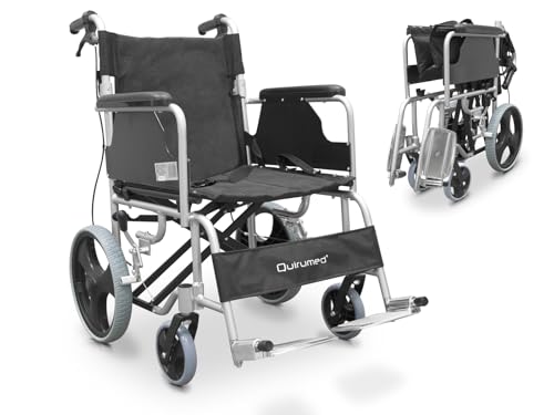 QUIRUMED Silla de ruedas de aluminio para viajes, Asiento 46 cm, Silla de ruedas de tránsito, para traslado, Plegable, Ligera, Cinturón de seguridad, Reposapiés abatibles