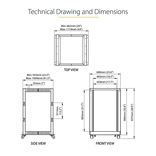 Image of StarTech 18U 4-Post Server Rack, 19in Open Frame Rack with 40in (101cm) Mounting Depth and 1200lb (544kg) Weight Capacity, Mobile or Floor Mount IT Rack | Mobile or floor mount, Cage nuts & screws, U & depth markings, Cable management, EIA /ECA-310-E