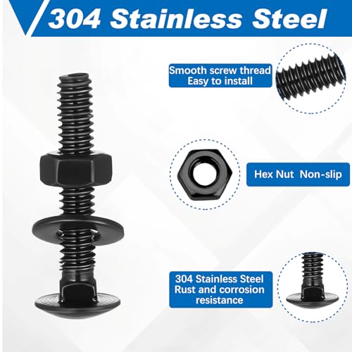 Image of Zonon 25 Sets 1 /4-20 x 1-1 /2 inch Stainless Steel Carriage Bolts and Nuts Kit Round Head Square Neck Carriage Bolts Screws and Hex Nuts and Flat Washers, Stainless 18-8 Full Thread Coverage (Black)