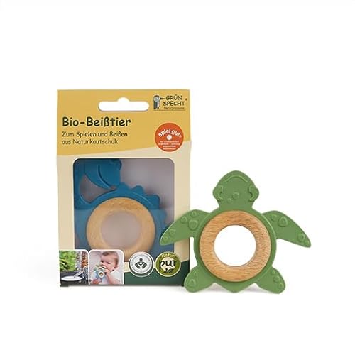 GRÜNSPECHT Bio-Beißtier aus Naturkautschuk mit Holzring, Zahnungshilfe & Spielzeug, massiert Zahnfleisch, BPA frei, fördert Feinmotorik, Schildkröte, grün (689-00), 1 Stück (1er Pack)