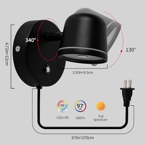 Image of Aisilan Plug in Wall Sconce, Dimmable LED Wall Light with Switch, 7W Adjustable Anti-Glare Bedroom Sconce, Matte Black Aluminum Wall Lamp for Living Room & Bedside