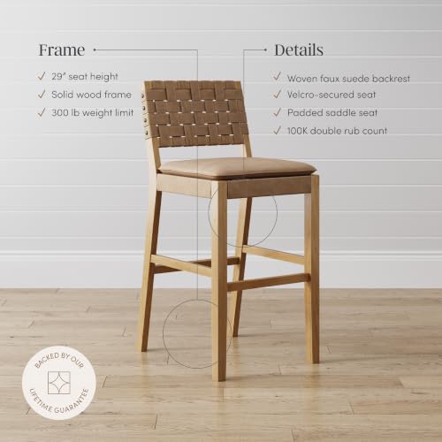 Image of Nathan James Cohen Mid-Century Modern 29 in. Wood Bar Stool, Upholstered Faux Suede Bar Height Stool with Solid Wood Frame, Natural Brown, Set of 4