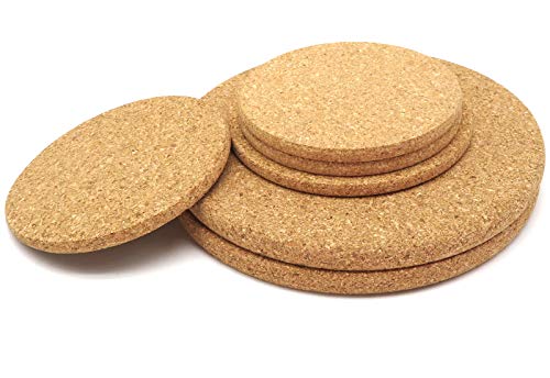 ACKLLR 6 Pack Natural Cork Coaster Absorbent Mat, 3 Sizes Heat Resistant Reusable Saucers for Pans Mugs Glasses Drinks Wine Glasses Cups Mugs Plants DIY Craft in Office Home Cottage, Round/Brown