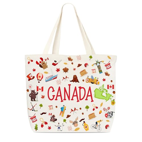 Dr.Baner Bolsa de lona canadense, bolsa de compras de ombro reutilizável com ícone nacional e comida, sacola vintage da cidade, lembranças do Canadá, presentes para mulheres, amigas e familiares (03)