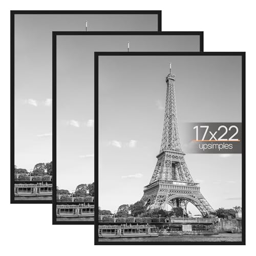 Image of upsimples 17x22 Picture Frame Black 3 Pack, Scratch-Proof Picture Frames 17 x 22 for Photo Gallery - Slide-in Strips, Horizontal or Vertical Wall Mounting