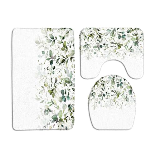 VPUPCN Green Leaves 3 Pcs Bath Rugs Set,Sage Green Eucalyptus Leaf Watercolor Nature Floral Plant Botanical Spring Bathroom Kitchen Rug with 16