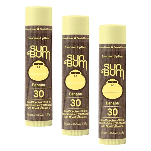 Image of Sun Bum SPF 30 Sunscreen Banana Lip Balm - Moisturizing Aloe Vera and Vitamin E - Vegan and Cruelty Free - Broad Spectrum UVA /UVB Lip Protection - 0.15 Ounce (Pack of 3)