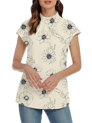 Image of Funlingo Womens Summer Tops Mock Neck Short Cap Sleeve Blouses Business Casual Work Chiffon Shirts Front Pleated Tunic Top