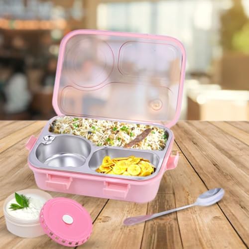 Image of ATTRO Lunch Pro Deluxe 3 Lunch Box with Detachable Inner Steel Compartments, Spoon, one Small Container, Heating Water Insulation Design, Foodgrade, Leakproof-750ml Pink