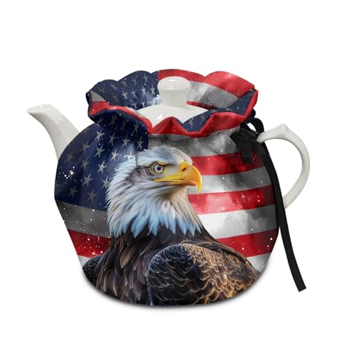 Image of Xoenoiee American Flag and Eagle Print Tea Cozy Tea Pot Cover Insulation Tea Cosy Teapot Dust Cover Teapot Warmer for Home Kitchen Teapot Covers