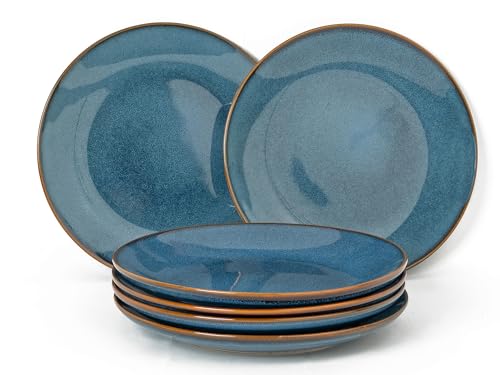 Image of Handcrafted Reactive Glaze Ceramic Dinner Plates, 6 Pieces Serving for 6, Microwave and Dishwasher Safe, Bone-ash Free, Full Plate Set Crockery for Dining and Gifting, Greenish Blue
