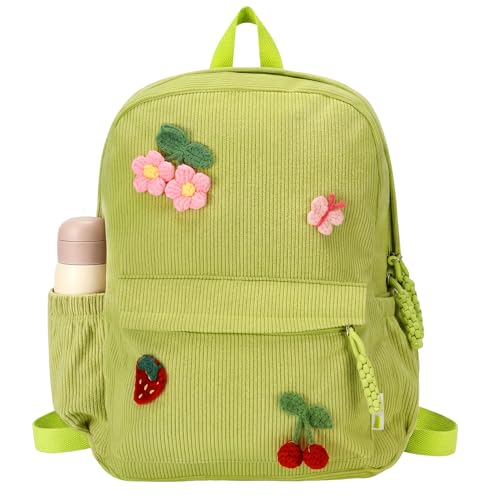 Aulock Mochila de veludo cotelê com pingentes de crochê feitos à mão - Bolsa escolar para meninas, presentes essenciais de volta às aulas, Verde, 16in (H) x 12.2in (W) x 6.2in (D), Bonito