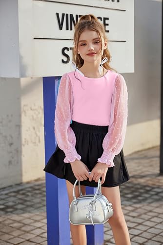 Image of Arshiner Girls Long Sleeve Shirt with Ruffle Cuffs Polka Swiss Dots Kids Girls Pullover Shirts Cute Crewneck Girls Top