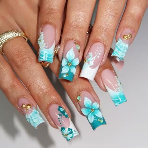 Long Square Press on Nails Fake Nails Artificial Nail Stick on Nail for Women,Summer Ocean Style with Aqua Blue 3D Flowers,Sea Wave Ombre and Gold Accents