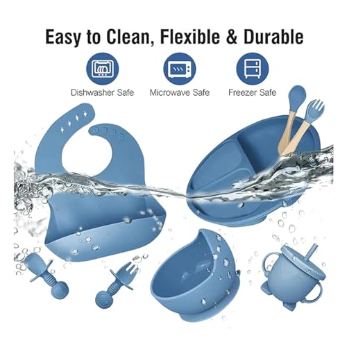 Image of Silicone Baby Feeding Set 6 Pieces with Suction Plate, Bowl, Adjustable Bib, Straw Cup, Spoon & Fork, BPA Free Baby Led Weaning Essentials - Blue
