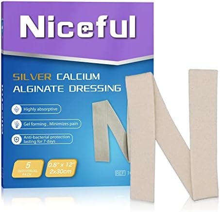 Niceful 5 Pcs Silver Calcium Alginate Wound Dressing 0.8"x12", Ag Calcium Alginate Rope with Silver, High Absorbent Dressing Non Stick for Pressure Ulcer
