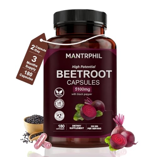 Beetroot Capsules 5100mg – High Potential Beetroot Supplement with Black Pepper – 180 Vegan Capsules – Nitric Oxide, Energy, Heart & Stamina Support