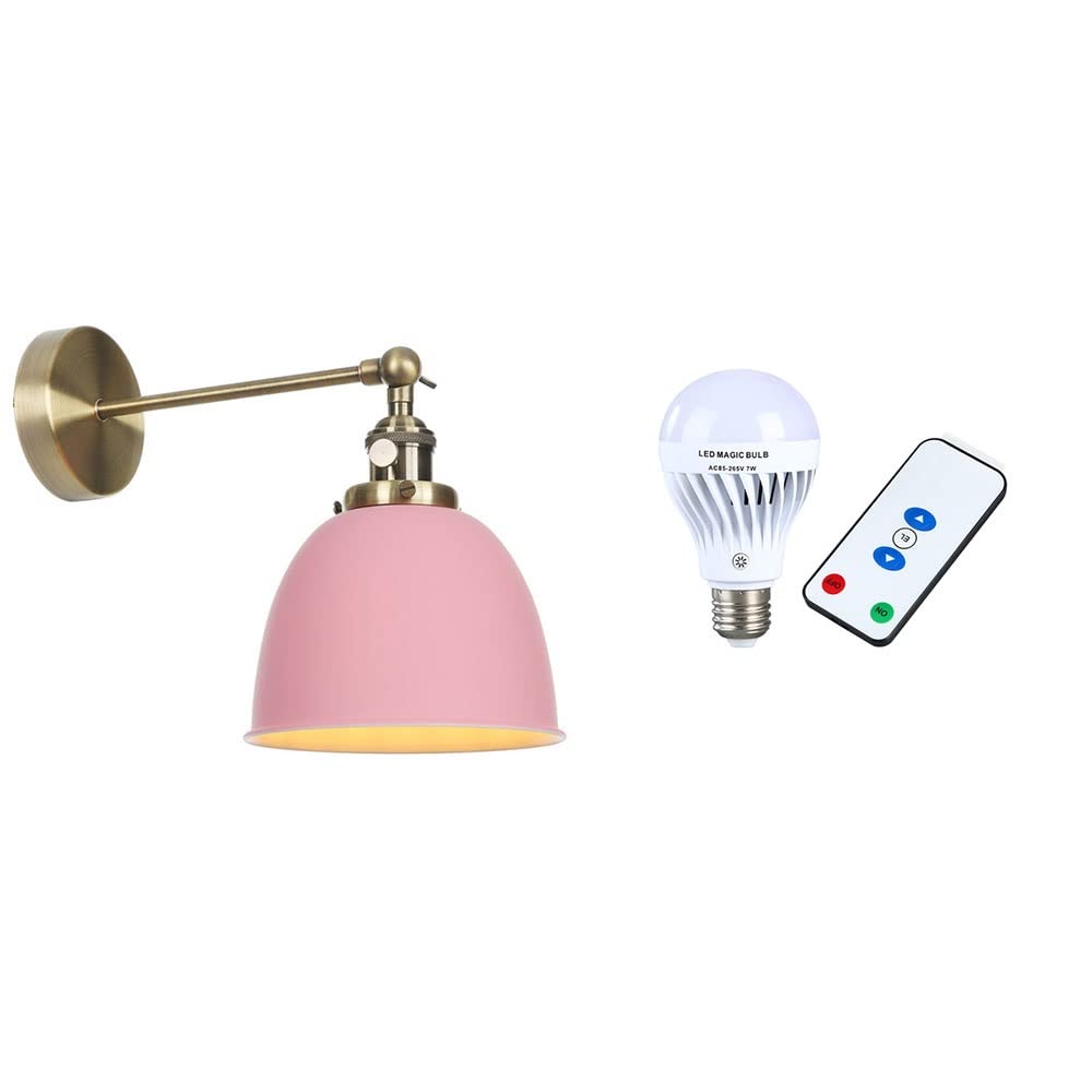 GYY Dimming Wall Lamp Led Remote Control Battery Operation Wireless，Decorative Hotel Restaurant Bar Counter American Style Single-section Wrought Iron Wall Lamp (Color : Pink)