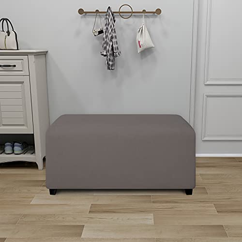 Image of PureFit Stretch Rectangle Ottoman Cover Footstool Cover, Taupe | Fleece Soft Form Fit Ottoman Slipcovers Rectangle Slipcover for Folding Storage with Nonslip Elastic Bottom