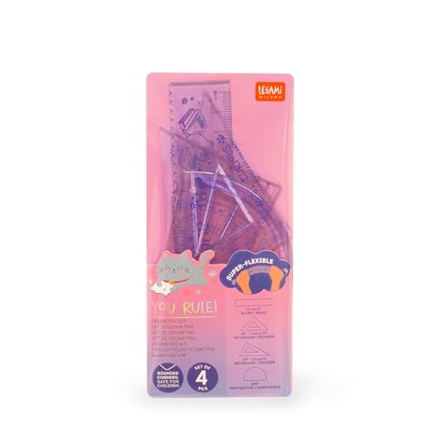 Legami - Geometrie Set, Set mit 15 cm Lineal, 10 cm 60° Quadrat, 180° Winkelmesser für die Schule, inkl. Koffer, flexibles Material, Kitty-Motiv