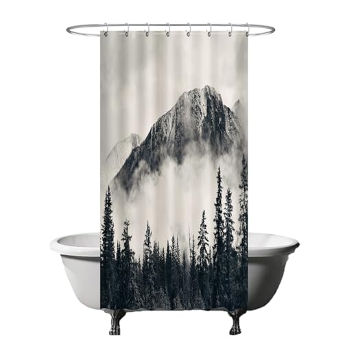 Ulticool Duschvorhang - Berge Natur Nebelwald - 120 x 200 cm – Waschbar – Anti Schimmel - Wasserdicht - mit 8 Ringe - Weiß Grau Schwarz