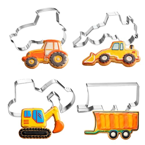 4 Stück Ausstechformen Traktor, Bauernhof Ausstecher Traktor, Plätzchen Ausstecher Bagger, Keksausstecher Trecker, Edelstahl Plätzchenform Konstruktion Auto Ausstechform