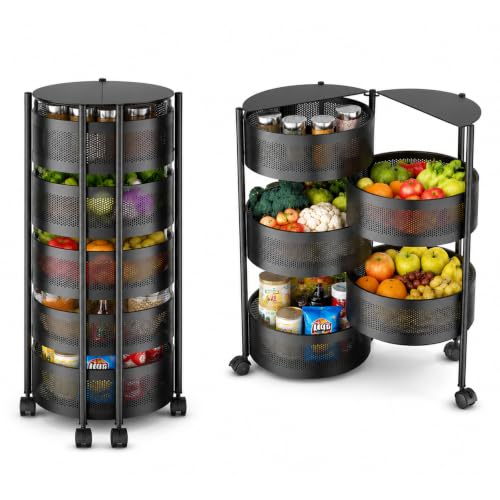 Image of JD FRESH 5 Tier Metal Rotating Kitchen Trolley /360-Degree Rotating Wheels with Expandable Side Opening Design /Movable Butterfly Trolley and Storage Shelf for Kitchen, Livingroom or Bathroom (Black)