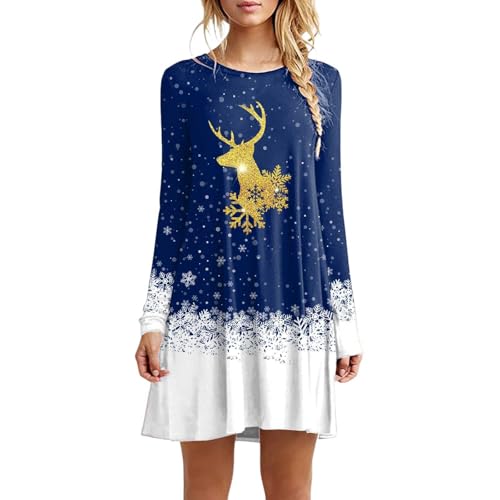 Weihnachtskleider Damen Midi - Damen Kleider Elegant Festlich - Mode Freizeitkleid Langarm Christmas Druckert Rundhals Party Weihnachtskleid (Blue L)