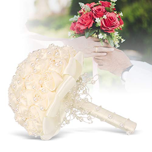 mumisuto Hand Made Wedding Flowers Bridal Bouquets Crystal Bride Holding Bouquet White Ivory Satin Roses with Diamond Pearl Ribbon - Image 4