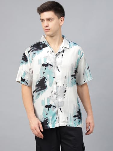 Image of Veirdo Poly Cotton Oversized Loose Baggy Fit Drop Shoulder Cool and Stylish Abstract Print Men Camp Collar Shirt