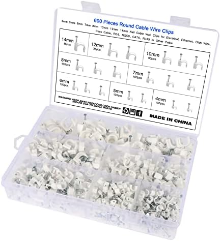 Booramy Pack of 600 Cable Clamps Nail Clamps Cable Holder with Inserted 4 mm 5 mm 6 mm 7 mm 8 mm 10 mm 12 mm (White)