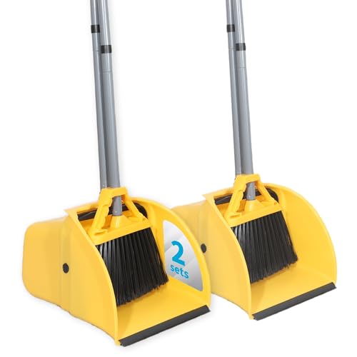 Commercial Broom and Dustpan Set Jumbo Lobby Debris Dustpan (14inch*14inch) Heavy Duty Broom (14inch Width) for Indoor and Outdoor Cleaning 2 Sets Yellow