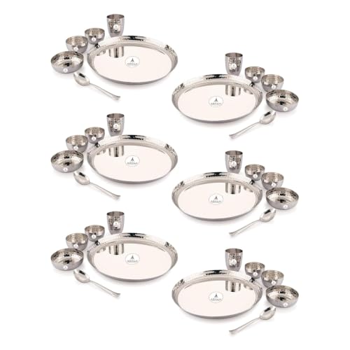 Image of Arham Stainless Steel Dinner Set | 36 Pcs (6 Set) | Premium Heavy Weight Hammered Dinner Set for Gift | 36Pcs Regular Size (6 Plate, 6 Halwa Plate,12 Bowl /Wati, 6 Glass, 6 Spoon) | Premium DinnerWare