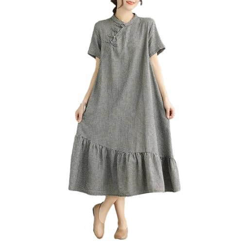 Robe longue en lin à carreaux femme vêtement décontracté chic et classique été