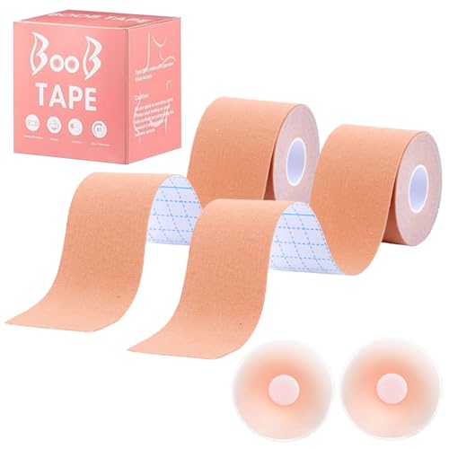 2 Paires Bande Soutien Gorge Adhesif, Soutien-Gorge Adhésif Push Up Grand Boob Tape, 5cm x 5m avec 1 Paires Couvre-tétons Gel de Silice Breast Lift Tape pour Bonnet AE Gros Seins